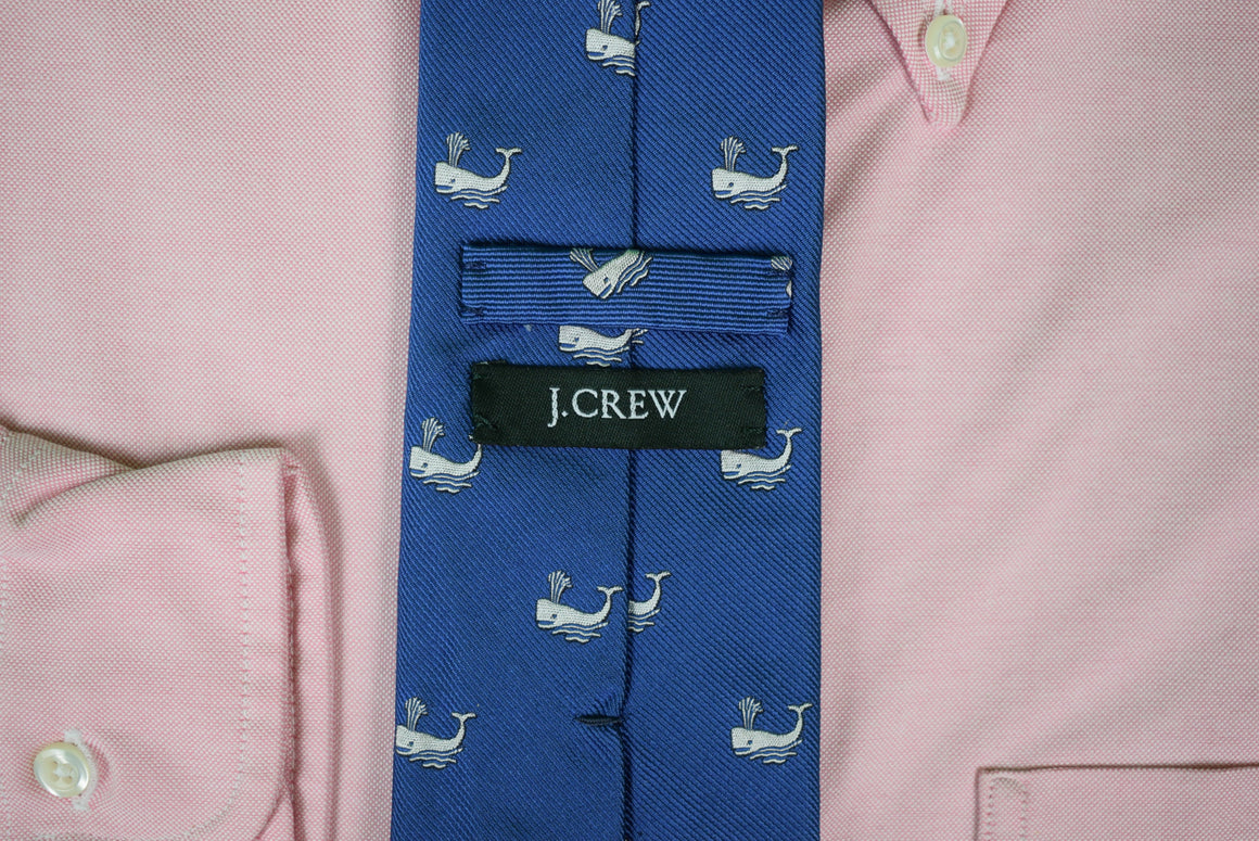 J. Crew Sapphire Blue Italian Silk Tie w/ Silver Whale Motif