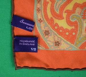 Seaward & Stearn Orange Silk Paisley Pocket Square Made In England