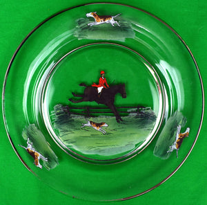 Set Of 8 Hand-Painted Fox-Hunt Dinner Glass Plates