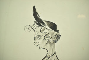 Lady At Turf Race Original Pen & Ink Drawing by "Peb" (b.1926-)