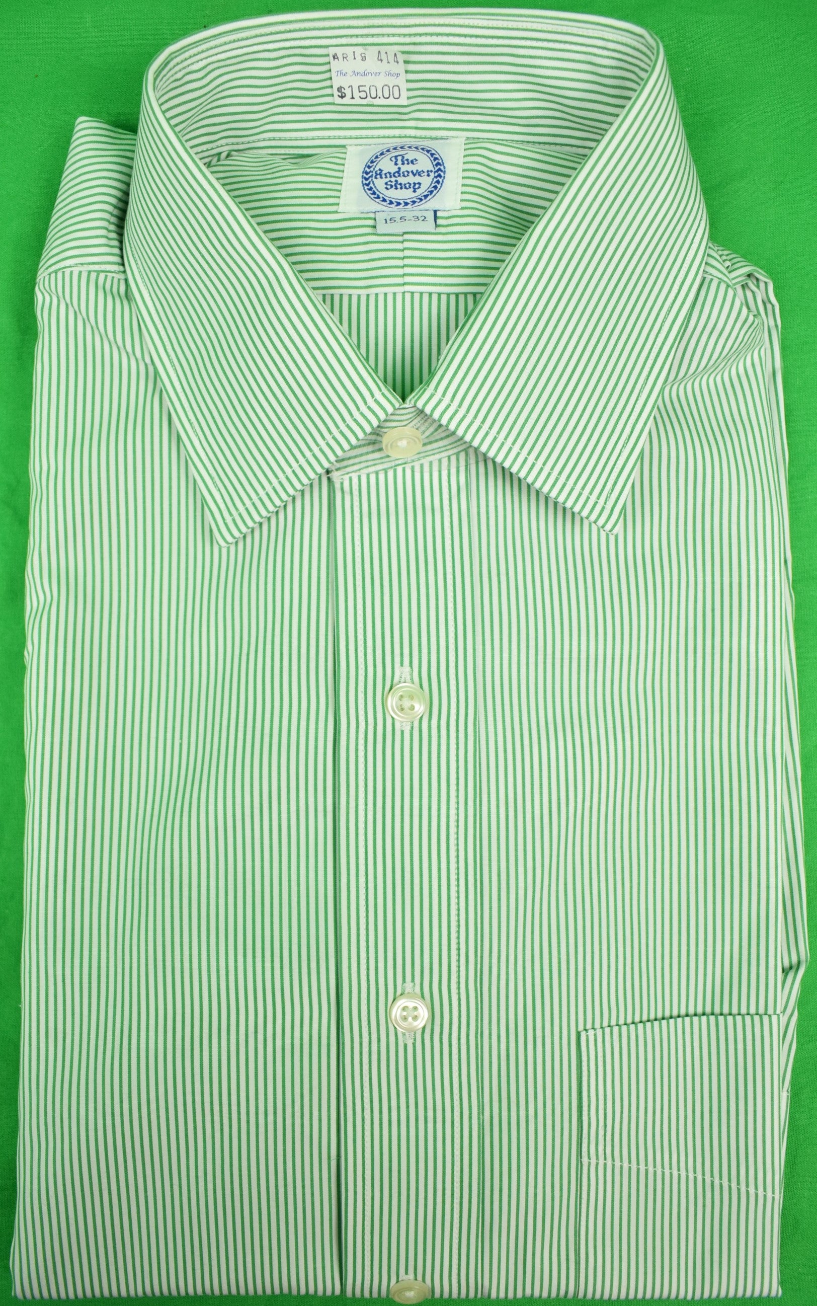 The Andover Shop Green/ White Pinstripe Dress Shirt" Sz: 15.5-32 (NWT The Andover Shop Green/ White Pinstripe Dress Shirt" Sz: 15.5-32 (NWT