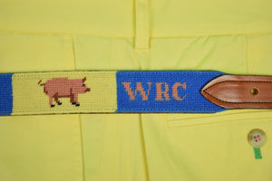 'WRC' Pink Piglet Hand-Needlepoint Yellow/ Blue Panel Belt Sz: 39"W