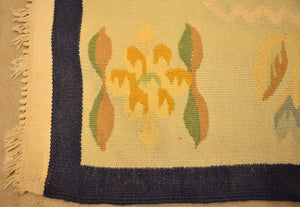 Celadon w/ Navy Border Wool Dhurrie Area Floral Rug