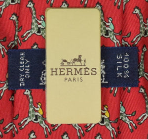 "Hermes Paris Jockeys On Giraffes Red Silk Twill Tie" (New w/ Tag in 'H' Box!) (SOLD)