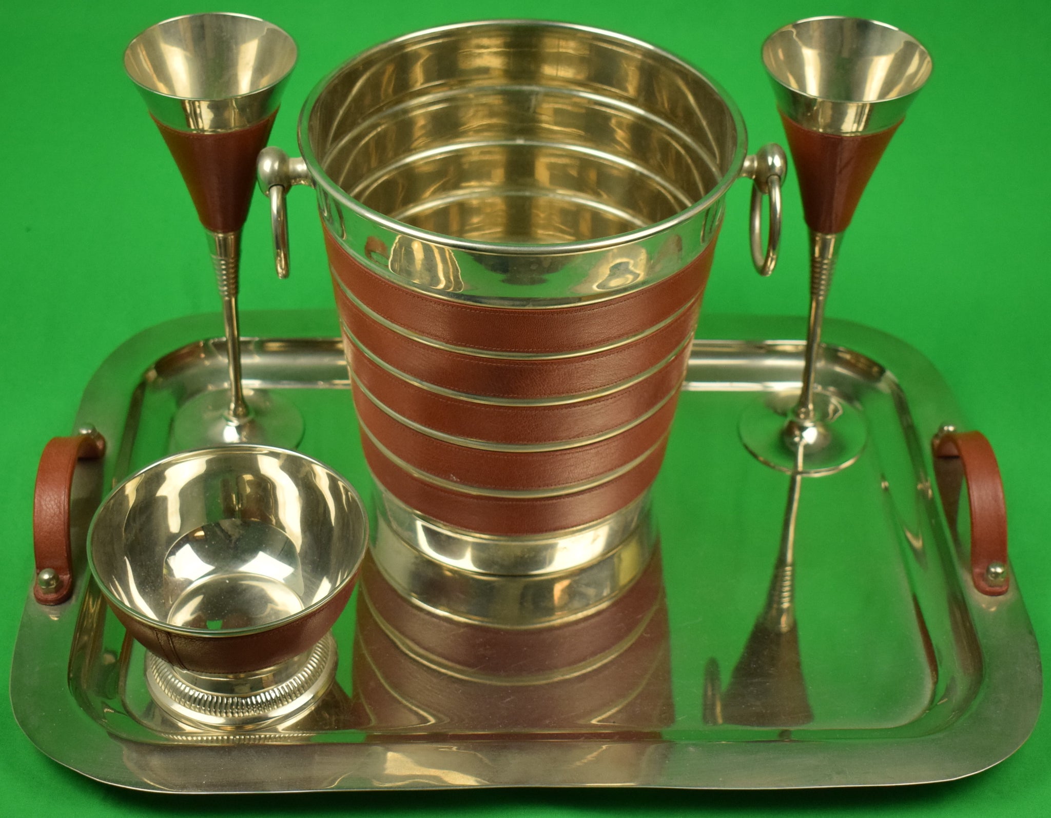 Set X Five Piece Cocktail Tray W Bucket Bowl Two Goblets W Leath set-x-five-piece-cocktail-tray-w-bucket-bowl-two-goblets-w-leath