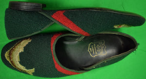 "Hand-Needlepoint W.S. Foster Jermyn St Leaping Trout Green Slippers" Sz: 11 (SOLD)