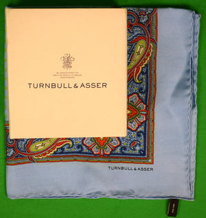 Turnbull & Asser Blue w/ Green Polka Dot Paisley Silk Pocket Square (New In T&A Box)