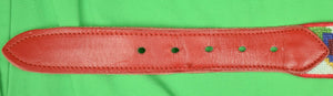 Hand-Needlepoint (16) Cottages Red Leather Belt Sz: 36"