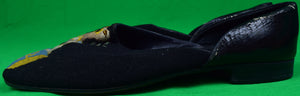 "Douglas Fairbanks Jr. Black Hand-Needlepoint Slippers w/ Family Coat-Of-Arms" Sz 11 (SOLD)
