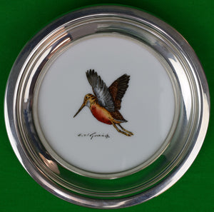 Set Of 5 Cyril Gorainoff/ Abercrombie & Fitch Milk Glass Game Bird Coasters w/ Sterling Rims & 6th by C Liedl