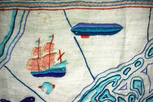"Long Isle Land c1930s Crewelwork Linen Embroidered Map"