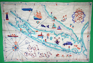 "Long Isle Land c1930s Crewelwork Linen Embroidered Map"
