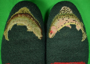 "Hand-Needlepoint W.S. Foster Jermyn St Leaping Trout Green Slippers" Sz: 11 (SOLD)