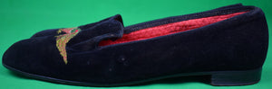 "Shep Miller Southampton, L.I. Black Velvet Pheasant Slippers Made In England" Sz 8.5 UK/ 9.5 US
