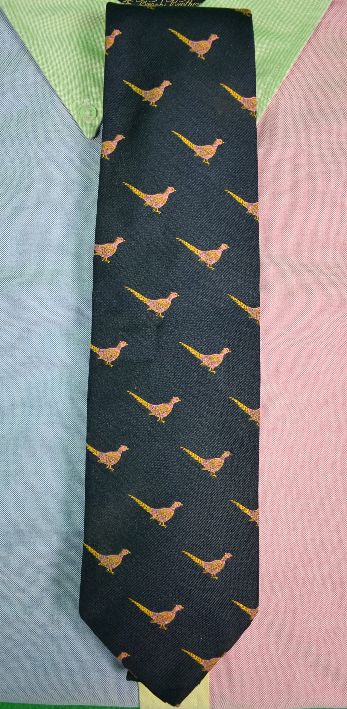 "Drakes x Paul Stuart Navy English Silk w/ Pink Pheasant Club Tie" (SOLD)