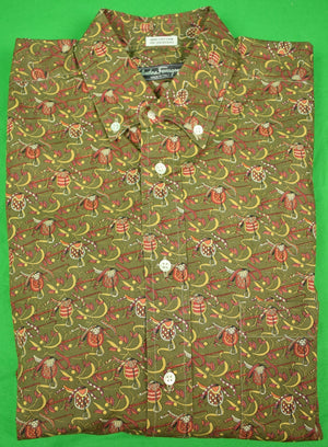 "Salvatore Ferragamo Olive Equestrian Saddle Print BD Sport Shirt" Sz 44/ XL (SOLD)