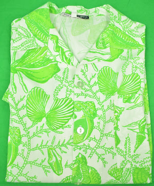 "Bahamas Hand-Print Short Sleeve Shirt w/ Lime Green Conch Shells" Sz. XL (SOLD)