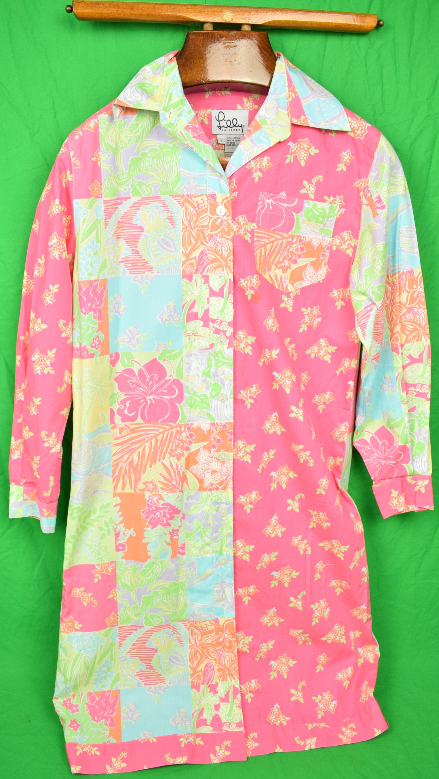 Lilly Pulitzer Patch Panel Shirt Dress w/ Multicolor Parrots & Flower Lilly Pulitzer Patch Panel Shirt Dress w/ Multicolor Parrots & Flower
