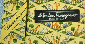 "Salvatore Ferragamo Giraffe/ Elephant Print Yellow Italian Silk Tie"