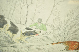 "Huntsman w/ Two Game Dogs Pheasant Shooting" Drawing w/ Watercolour by Henry Alken