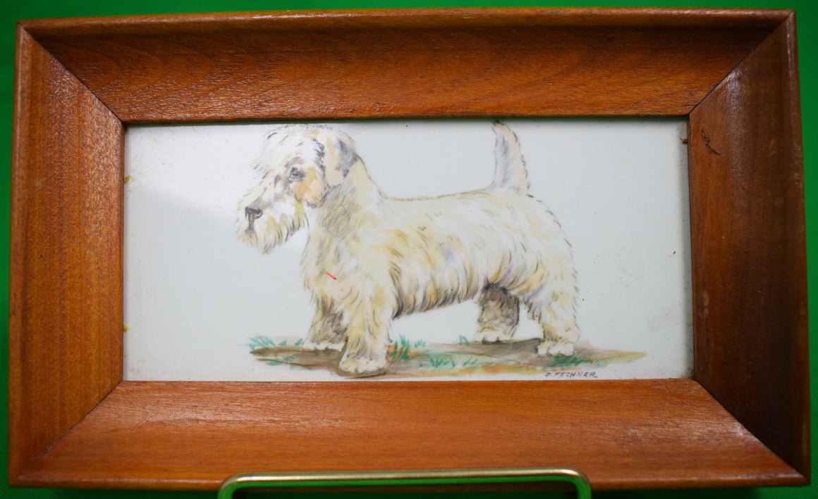 "Sealyham Terrier c1940s Hand-Painted Framed Tile" Signed: J. Rechner (SOLD)