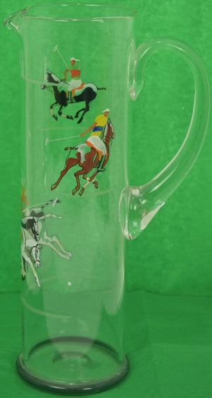 "Art Deco Hand-Painted w/ 4 Polo Players Glass Cocktail Pitcher"