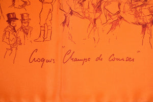 "Hermes of Paris Orange Silk Jockeys 'Croquis Champs De Courses' Pocket Sq/ Pochette" (SOLD)"