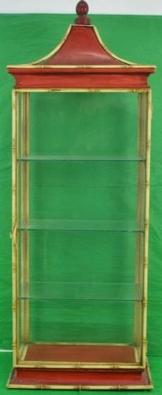 "Chinoiserie 3 Shelf Glass & Metal Bamboo Frame Pagoda c1950s Vitrine"