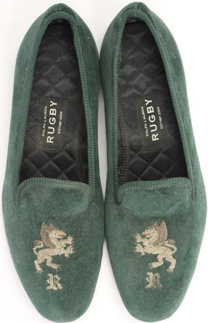 "Rugby Ralph Lauren Bottle Green Velvet Griffin 'R' Slippers" Sz: 12 (US)/ 11 (Euro) (SOLD)