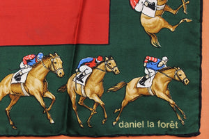 Daniel La Foret French Jockey/ Racehorse Print Red/ Green Pocket 18" Sq