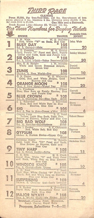 Bowie Race Track 8 Race Card Program- Saturday, November 24, 1951 (SOLD)