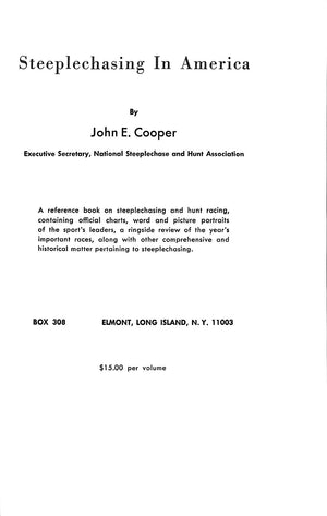 "Steeplechasing In America" 1974 COOPER, John E.