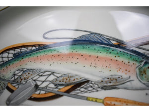 "Frank Vosmansky Hand-Painted Trout w/ Bamboo Fly Rod Platter"