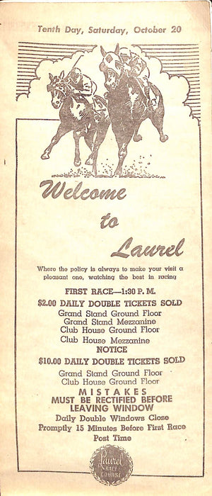 Laurel Race Course Program October 20, 1951