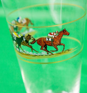 "Hand-Painted (6) Racehorses Glass Cocktail c1930s Shaker w/ Chrome Lid/ Spout" (SOLD)
