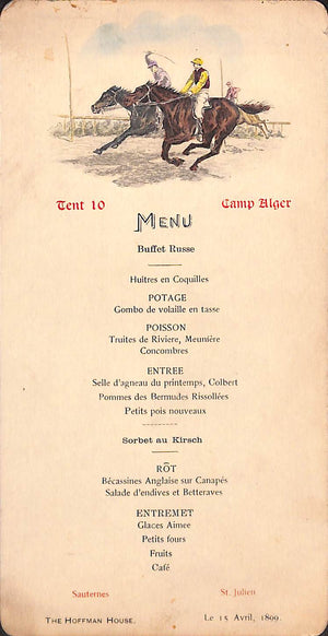 French c1899 Menu Card w/ Litho Horse Racing Jockeys