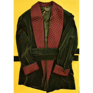 The Andover Shop Italian Forest Green Velvet Smoking Jacket w/ Cranberry Trapunto Shawl Collar" (SOLD)