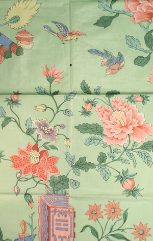 "Chinoiserie Celadon Green Glazed Chintz Floral Fabric"