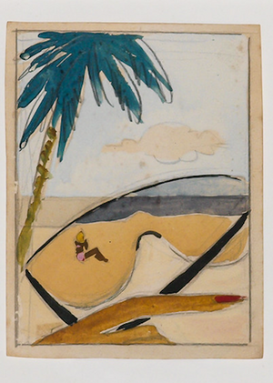 Original Gouache Artwork for Town and Country Magazine by Reynaldo Luza circa 1950 Sunglasses and Palm Tree