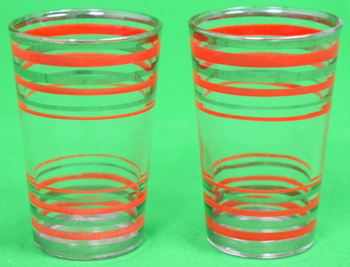 Pair of Red Stripe c1930s Shot Glasses w/ Silver Rims