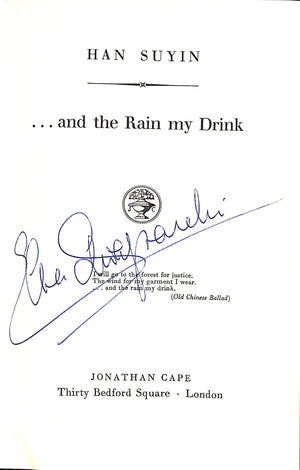 "...And The Rain My Drink" 1956 SUYIN, Han Ex-Libris: Mme Elsa Schiaparelli (SIGNED)