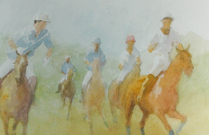 "Blue Team Advancing" Original Polo c1997 Watercolor by Williamson Douglas (1942-1998)