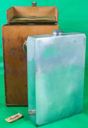 James Dixon & Sons Twin Made in England Sheffield 128 oz Flasks w/ Saddle Leather  Case Stamped: WSB w/ Key in Pouch