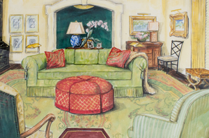 Classic Interior c1950s Designer's Rendering Watercolour