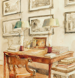 Library Salon Interior Watercolour by Allen Townsend Terrell