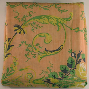 "Scalamandre Hand-Print Melon Silk Fabric w/ Celadon Green & Blue Floral Print" (SOLD)