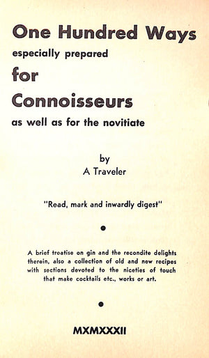 "One Hundred Ways Especially Prepared For Connoisseurs as Well as for the Novitiate"1932 by 'A Traveler'