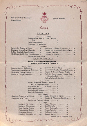 "Hotel Ritz Madrid Menu" 1951