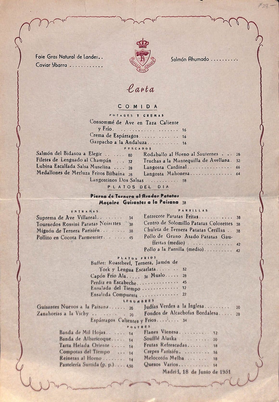 "Hotel Ritz Madrid Menu" 1951