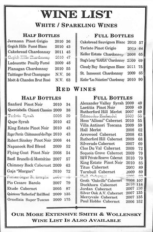 "Wollensky's Grill Menu & Wine List"